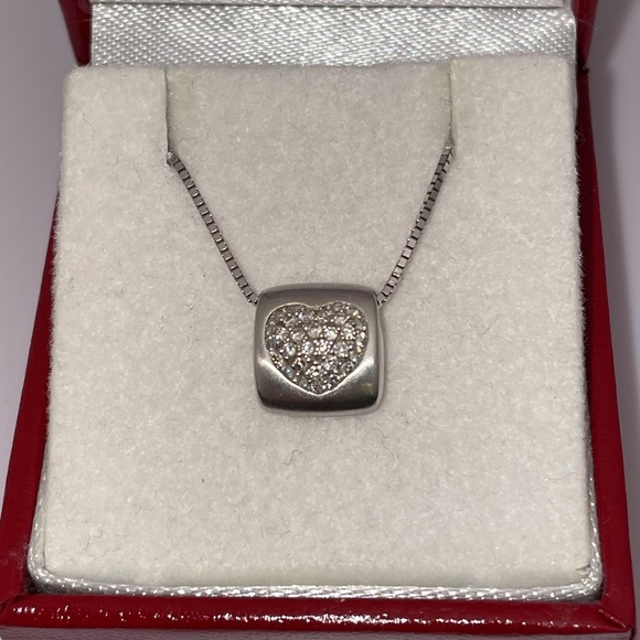 Solid Stamped 18K (not 14K ) White Gold Diamond Pave Modern Heart Necklace - Picture 12 of 16